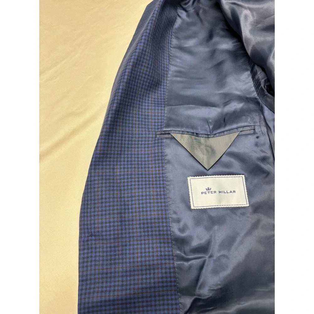 NWT Peter Millar SB Flynn Blue Micro Check 100% Wool Blazer Coat Mens 44S $595